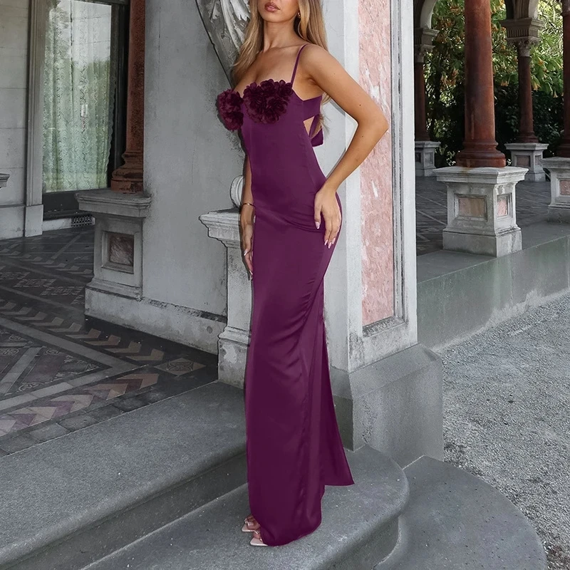 

Summer Spaghetti Strap Solid Bodycon Dress Fashion 3D Floral Pleated Women's Maxi Dress Sexy Hollow Out Sleeveless Banquet Dress