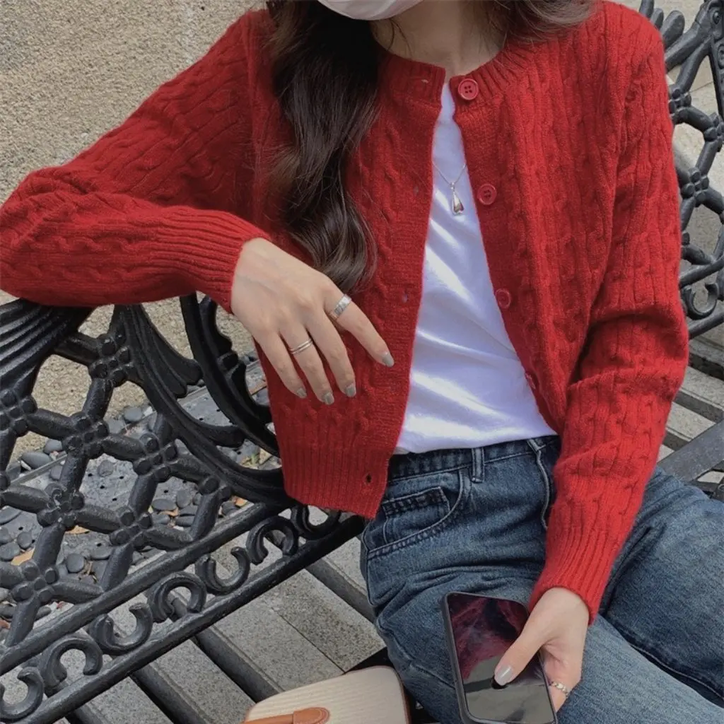 

Kaning Women's Pure Color Short Twist Sweater Jacket Korean Style Knitted Cardigan for Autumn And Winter New