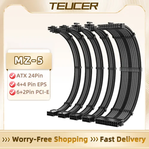 TEUCER MZ-5 Kit de Cable de extensión PSU 350mm ATX 24Pin GPU PCI-E 6 + 2Pin 8Pin CPU EPS 4 + 4Pin 18AWG Cable de alimentación con peines