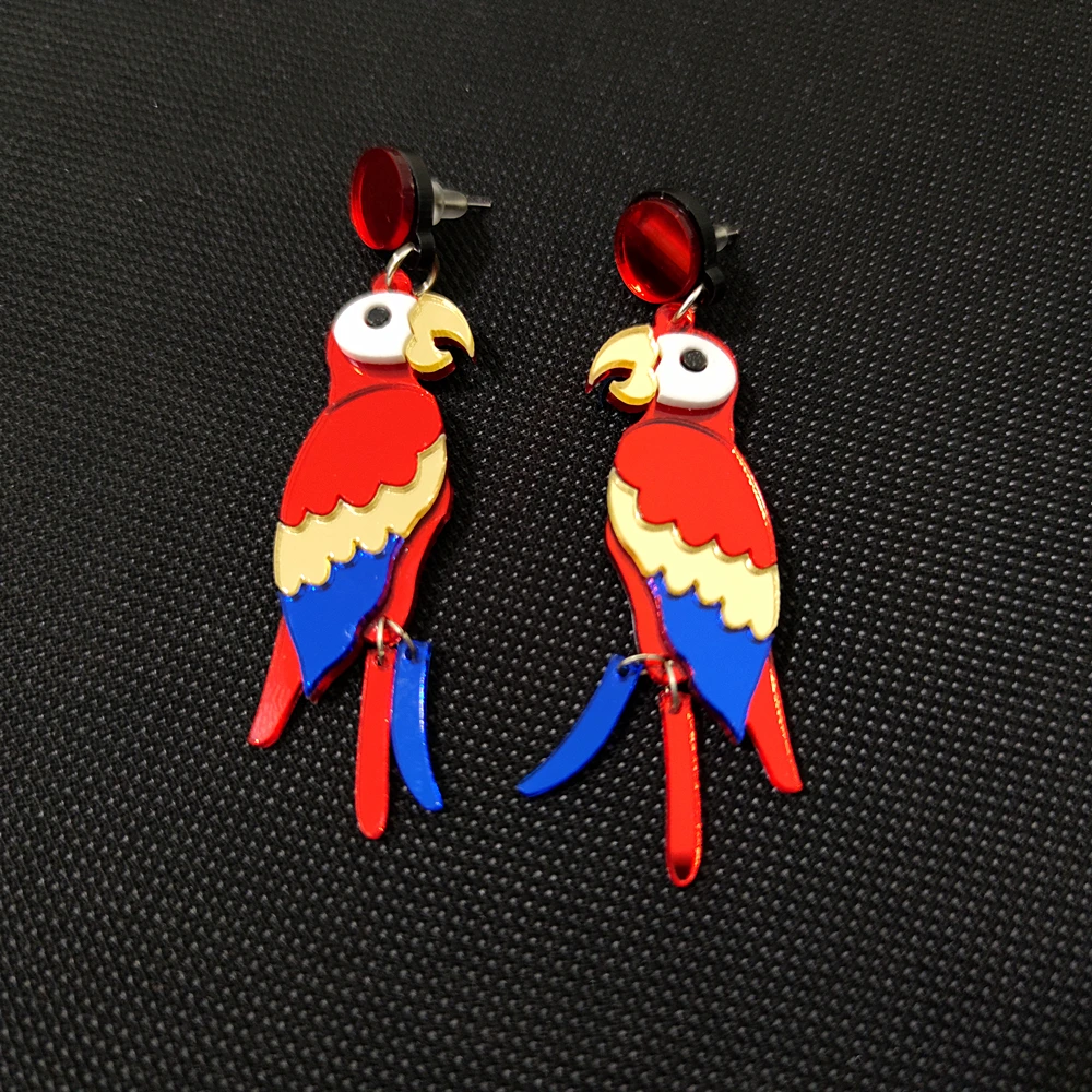 KUGUYS Fashion Jewelry Red Parrot Drop Earring for Women Mirror Acrylic 8cm Long Dangle Bird Accessories