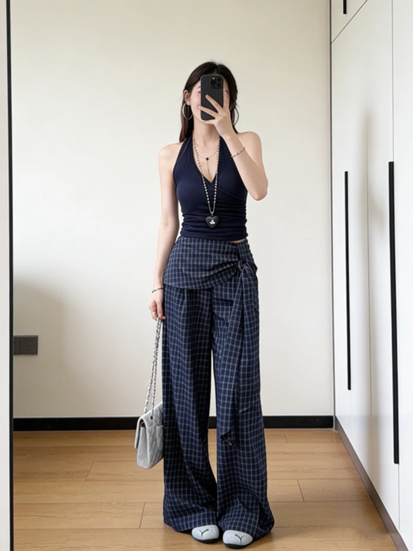 

Retro Korean Design Checkered Wide Leg Pants Women's Summer Lazy Style Drapey High Waist Casual Trousers Straight Cut