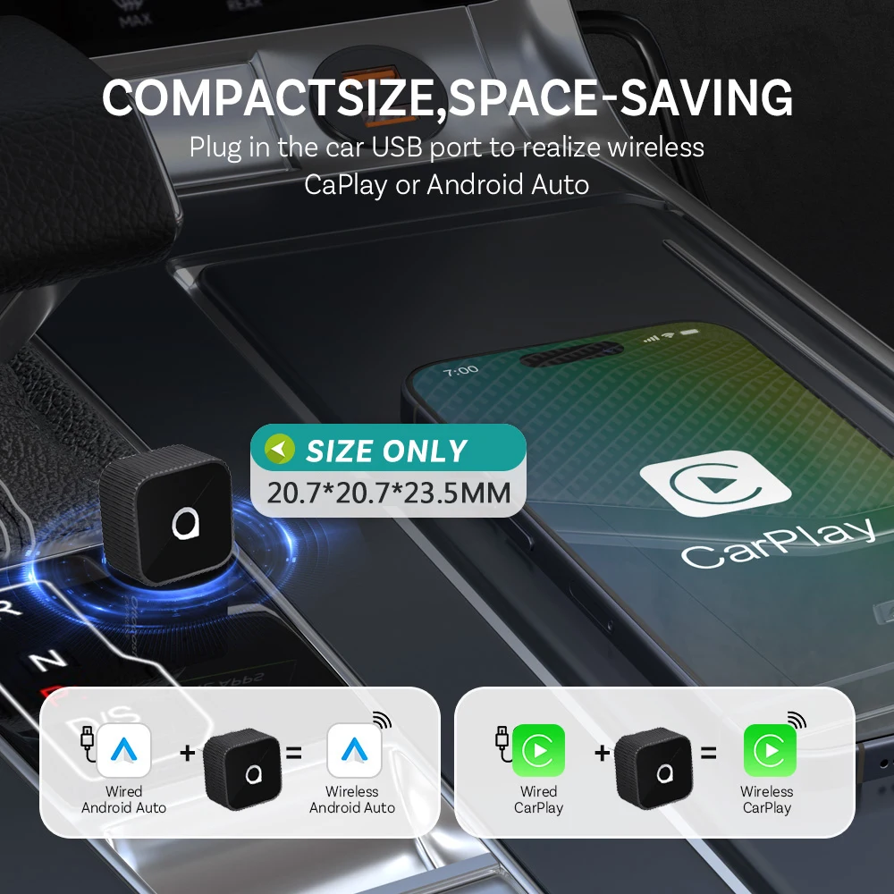 Ottocast Mini Slim Wireless CarPlay Android Auto Adapter USB Dongle Plug Play Bluetooth 5.0 Wifi Auto Connect for 98% of Cars