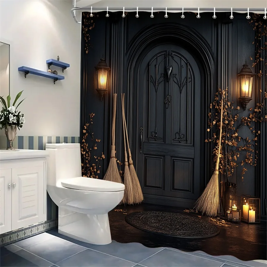 1pc Gothic Halloween Shower Curtain, Lanterns Brooms Dried Flowers Candles, Dark Aesthetic Bathroom Decor