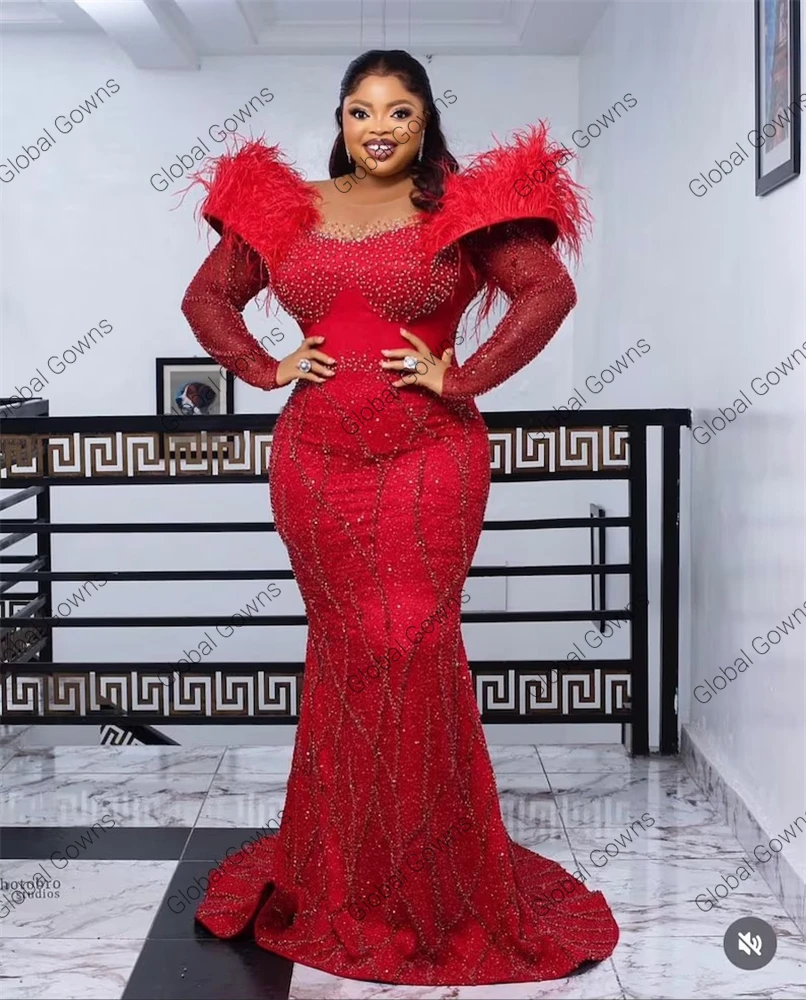 Red Sheer O N Evening Dress Black Girls 2025 Bead Birthday Party Gown Feathers Wedding Occasion Dresses Mermaid Prom Customized