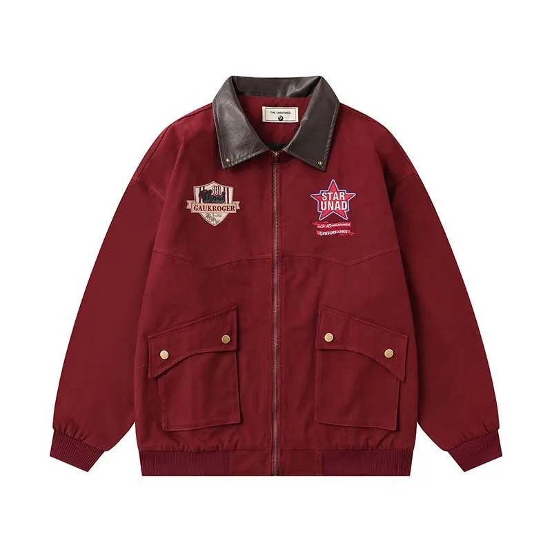 อเมริกันย้อนยุคปักหนัง PU ปกเย็บปะติดปะต่อกันแจ็คเก็ตชุดทํางาน, แบรนด์อินเทรนด์ไฮสตรีทหลวมและแจ็คเก็ตคู่อเนกประสงค์