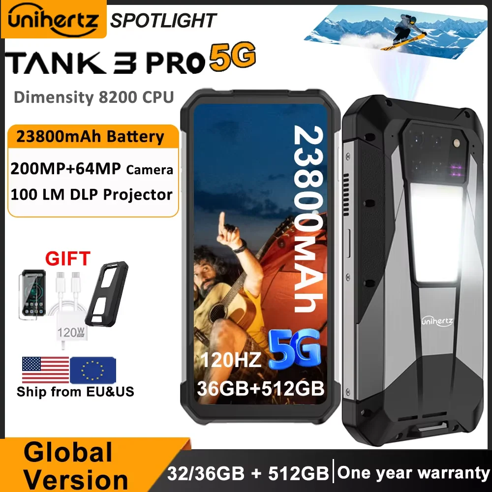 Unihertz Tank 3 Pro 8849 هاتف 5G متين مع جهاز عرض 100 لومن أندرويد 14 32 جيجابايت 512 جيجابايت 23800 مللي أمبير في الساعة هاتف مقاوم للماء WIFI 6 NFC