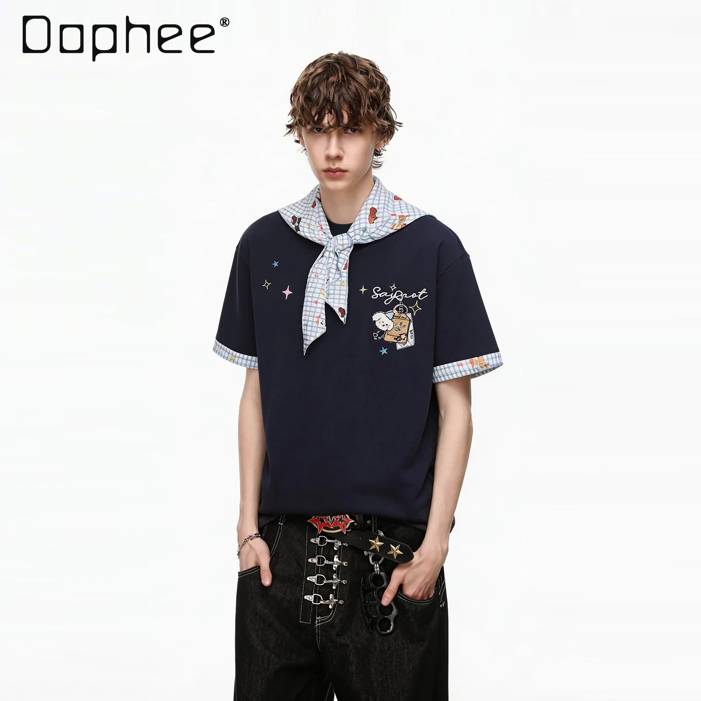 Summer New Men's Navy Blue White Cute Cartoon Dog Embroidery Round Neck Short Sleeve T-Shirt Plaid Scarf 2 Piece Set