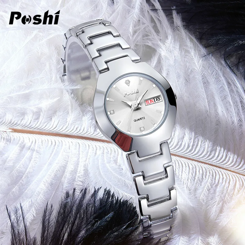 POSHI-reloj de cuarzo de marca suiza para mujer, pulsera elegante de acero inoxidable, sencillo, resistente al agua, luminoso, con fecha y semana,