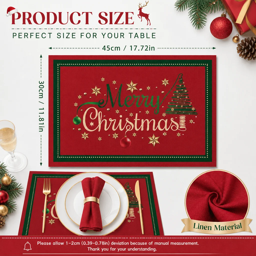 Christmas red rectangular linen placemats family dinner restaurant Christmas party desktop decoration supplies