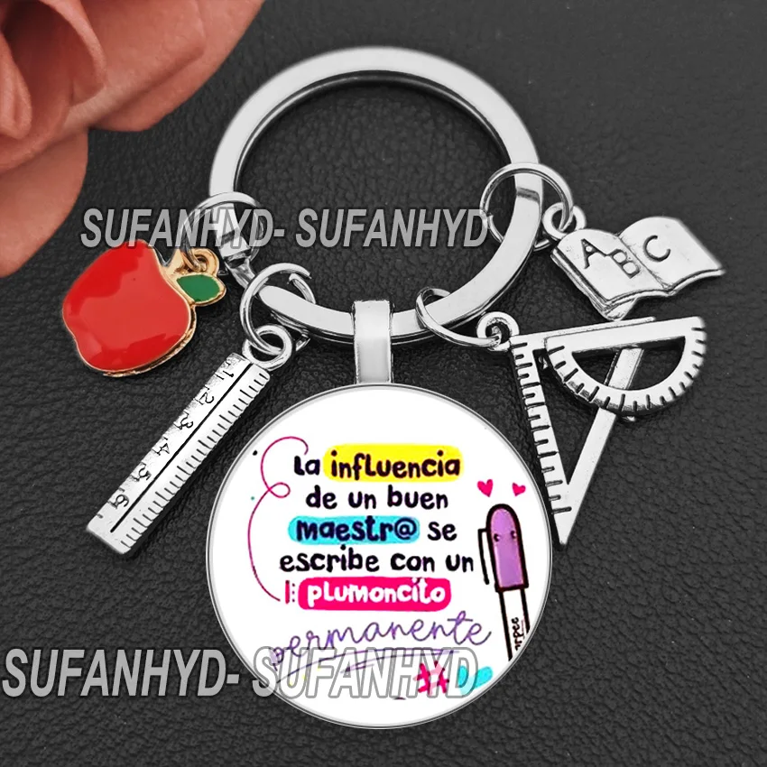 2024 New Thank You Teacher in Spanish Keychain Pendant Glass Crystal Pendant Key Ring Car Keychain for Teacher Teache