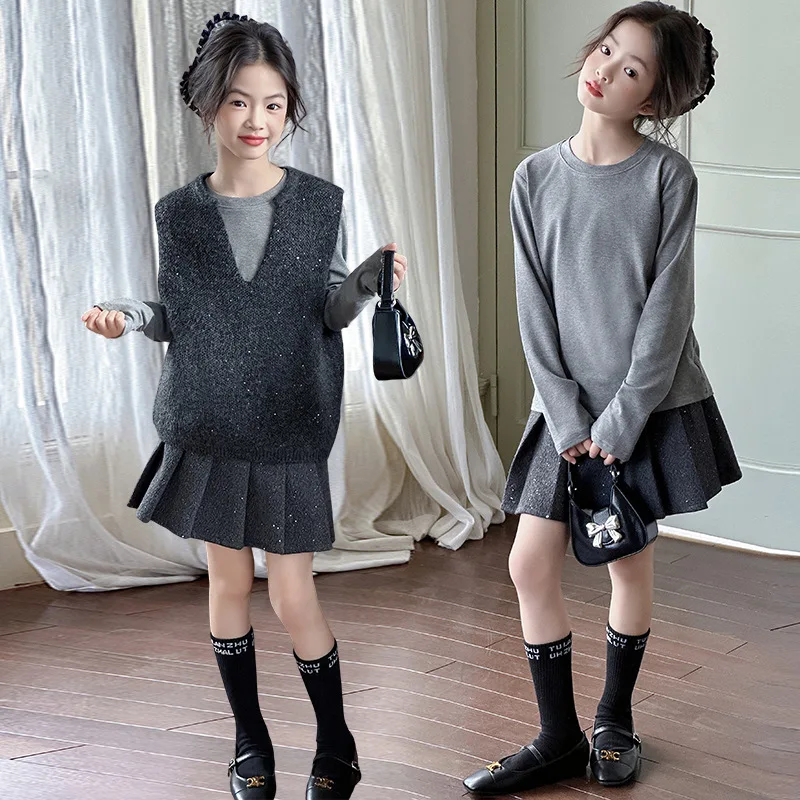 

Kawaii модная рубашка для девочек, свитер, жилет, комплект с юбкой, студенческий осенний повседневный топ с героями мультфильмов, короткая юбка, комплект из 3 предметов, детская одежда