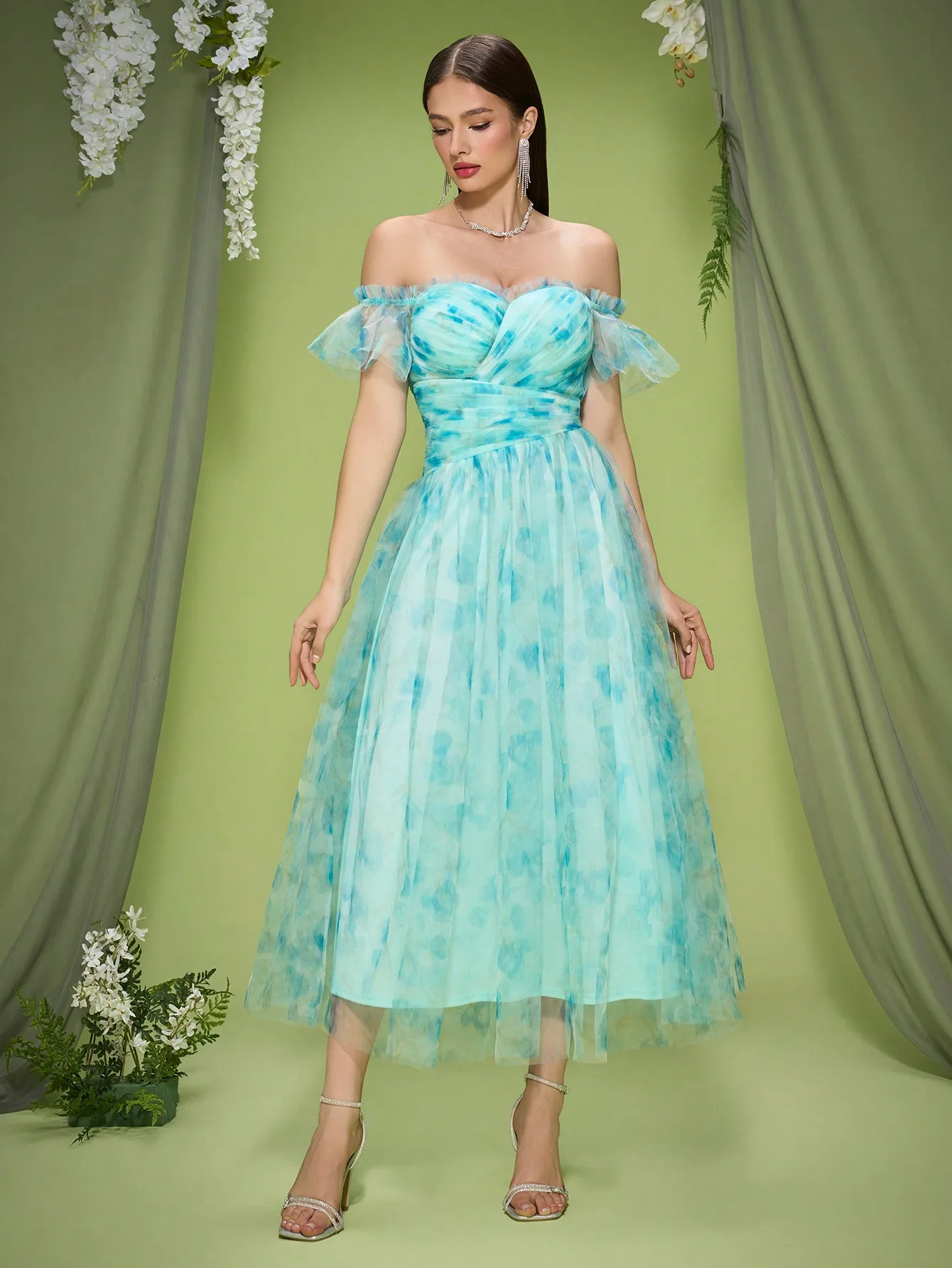 

Mgiacy one-shoulder printed fine mesh folded ruffled short-sleeved wide-swing evening dress