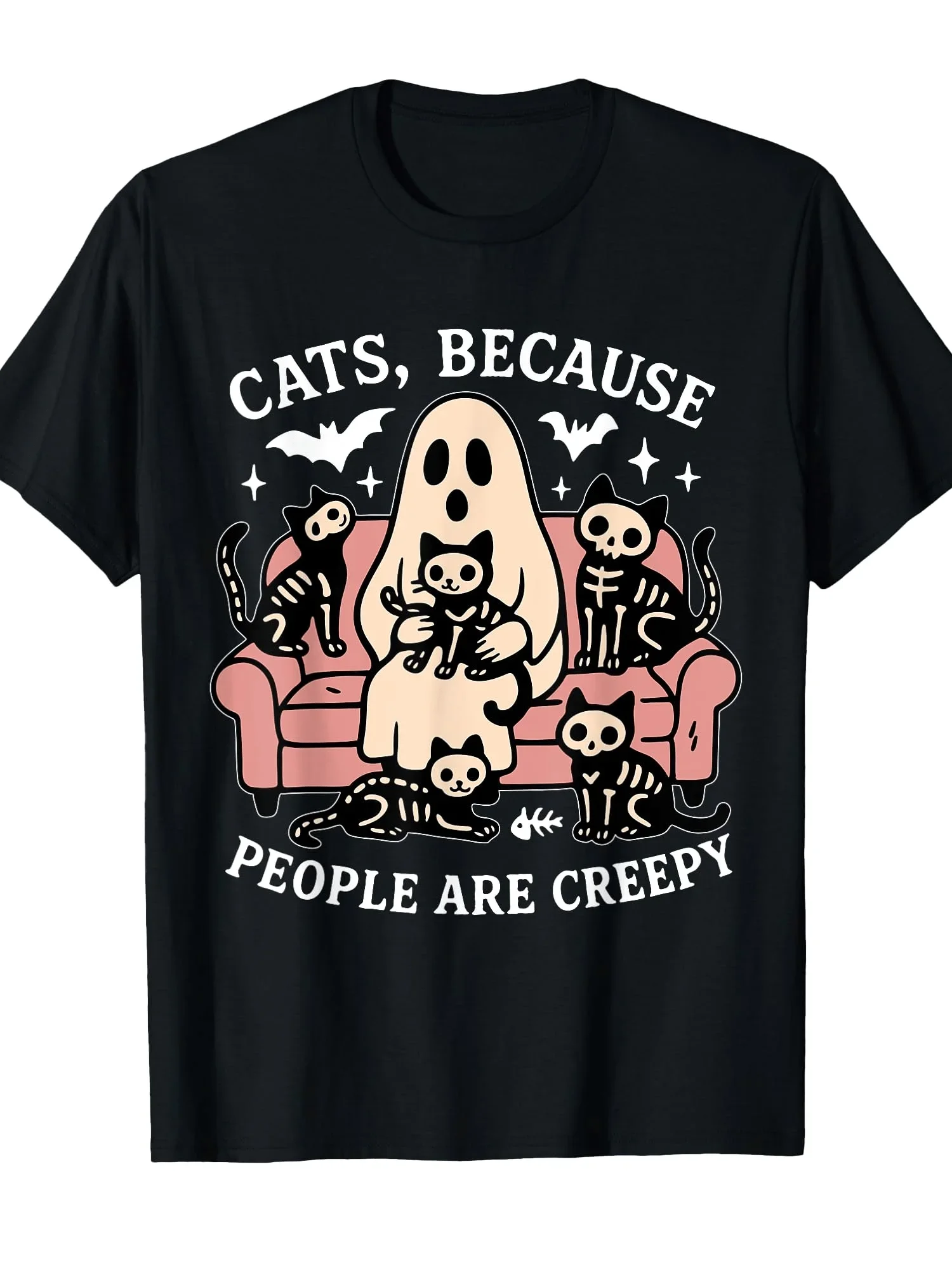 

Cats Because People Are Creepy Ghost Skeleton Graphic Tee Men Cotton Short Sleeve T-Shirt