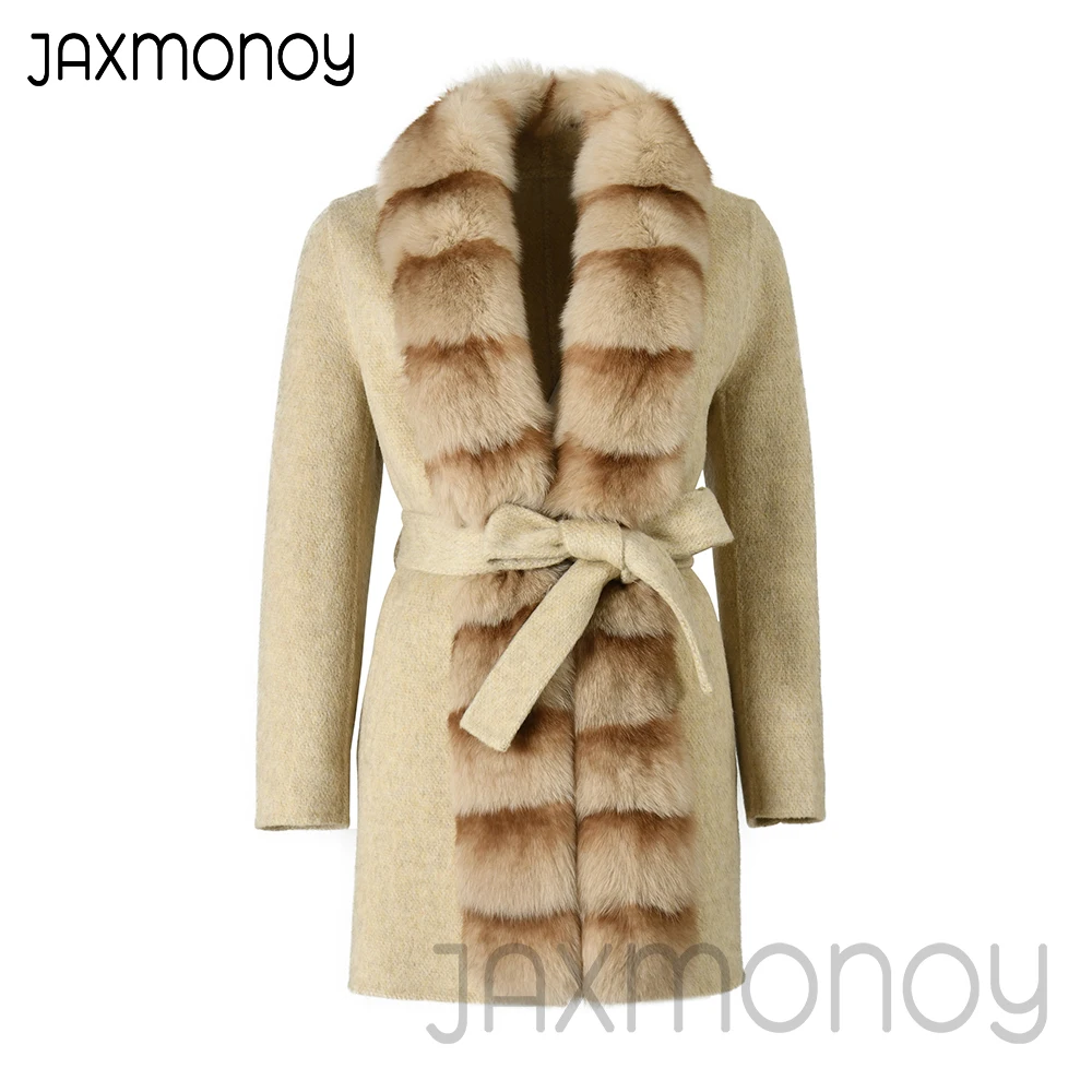 

Jaxmonoy Winter Coat Female Real Fur Trim Medium Lenght Wool Coats Ladies Fashion Outerwears Luxury Long Jacket Fall New Arrival