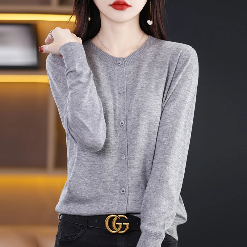 New round neck spring and autumn sweater fine imitation wool cardigan women wear short long sleeve loose slim sweater Joker coat