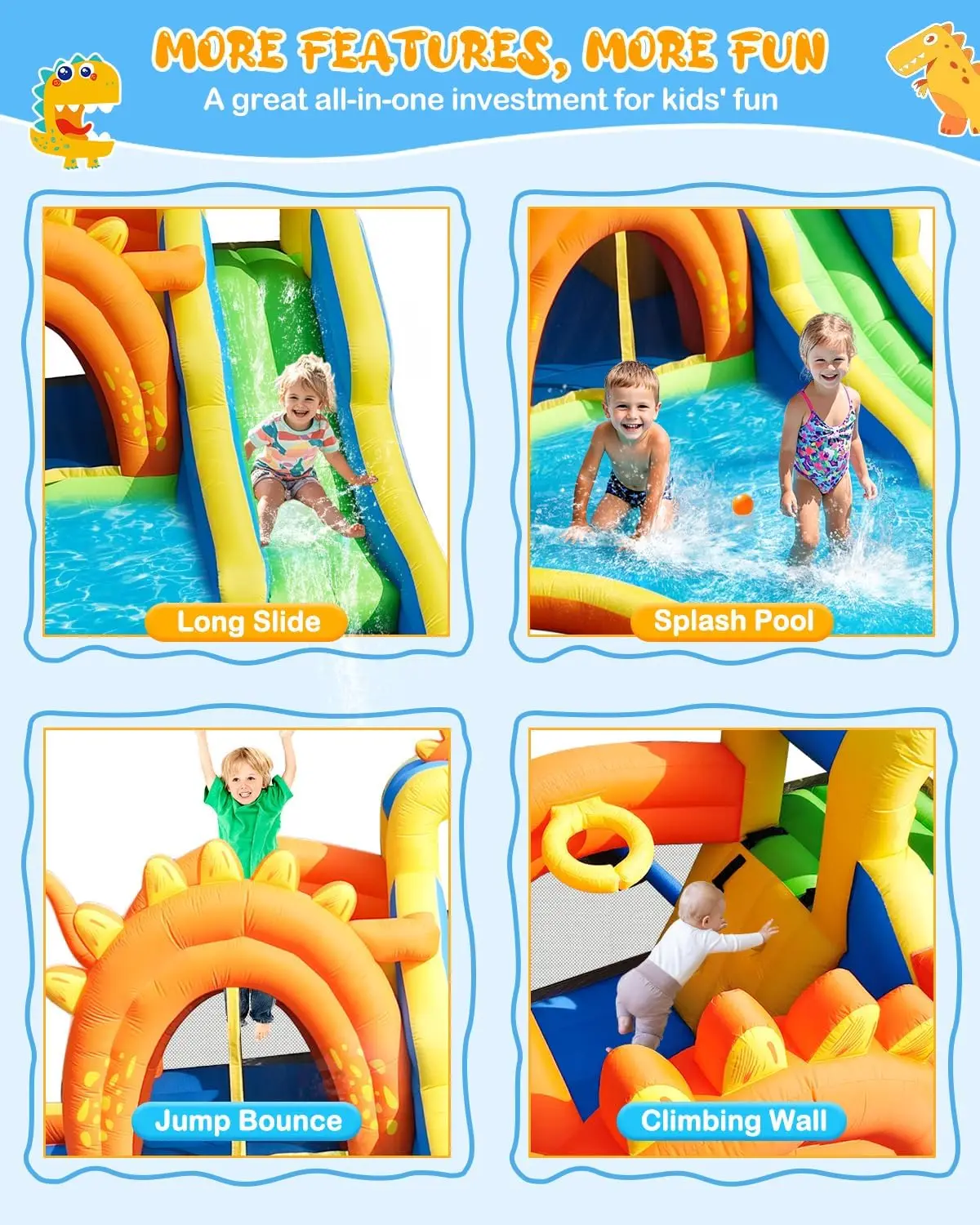 Dinosaurus opblaasbaar waterglijbaanpark - 7-in-1 springhuis met glijbaan, springgebied, splashpool, klimmuur en basketbalring |