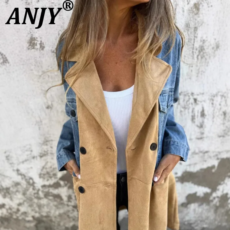 

ANJY, осенне-зимний новый женский модный лоскутный джинсовый плащ контрастного цвета, универсальный трендовый плащ на пуговицах с отложным воротником A13024