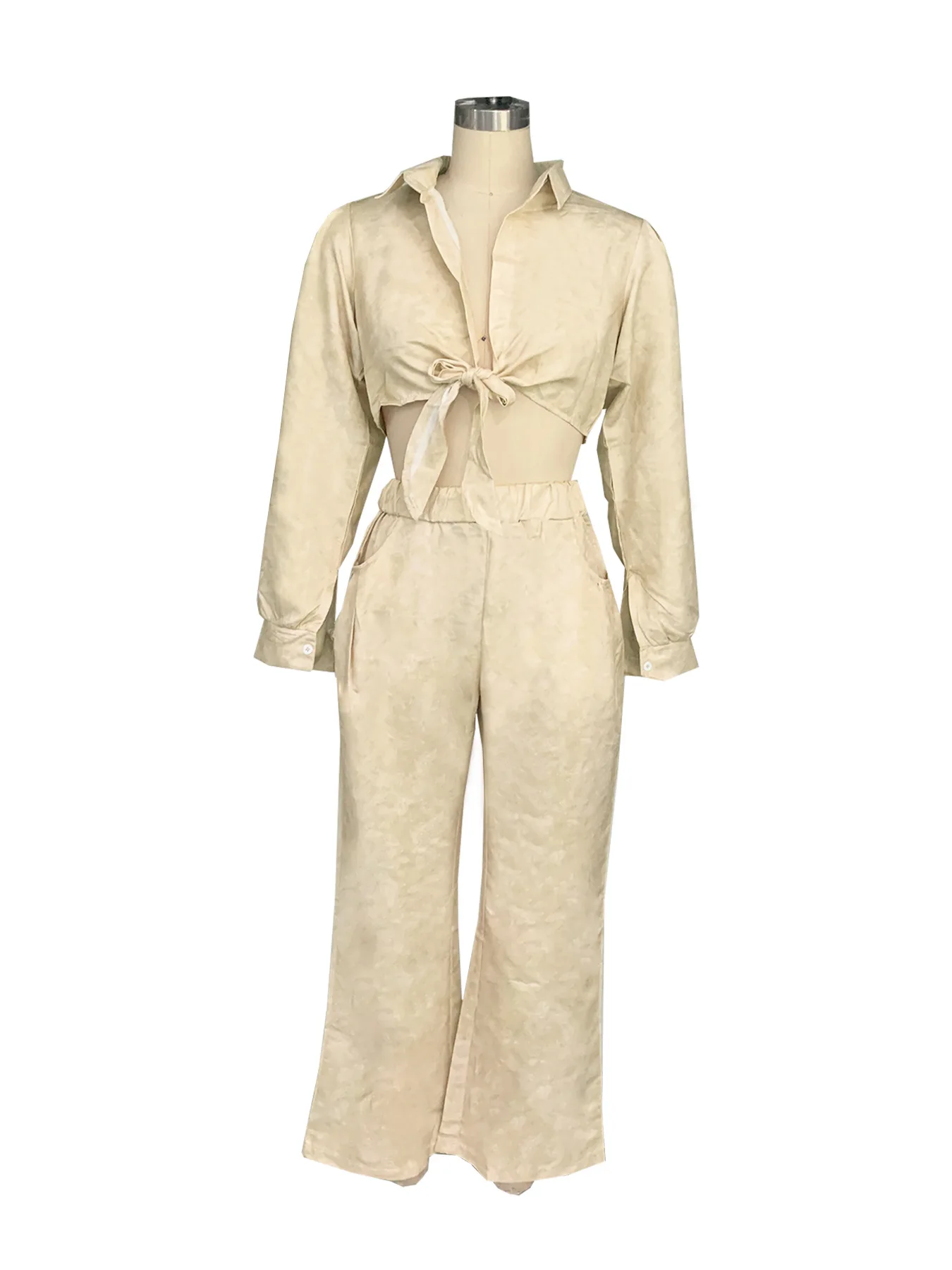 الخريف النساء دعوى التلبيب بأكمام طويلة الدانتيل متابعة قميص علوي مرونة الخصر واسعة الساق بنطلون Conjunto Dos Piezas Mujer Elegante عادية