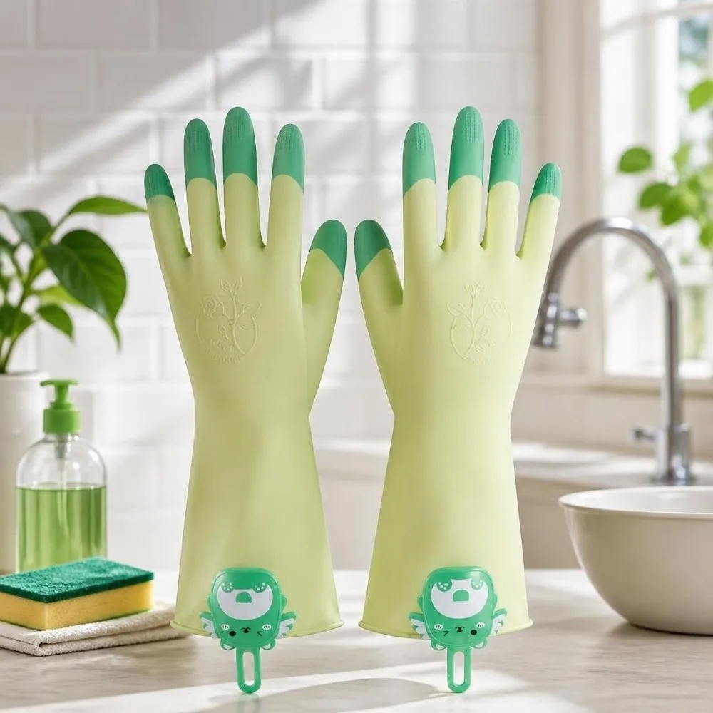 Non-Slip Dishwashing Gloves Tear-Resistant Cartoon Bear Household Gloves Reusable Hanging Kitchen Cleaning Gloves