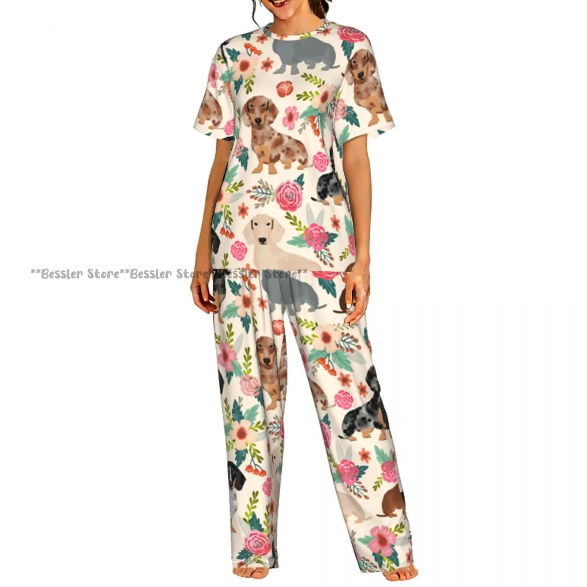 

Женский пижамный комплект с винтажным цветочным принтом и изображением таксы, с коротким рукавом, 2 предмета, для дома и отдыха