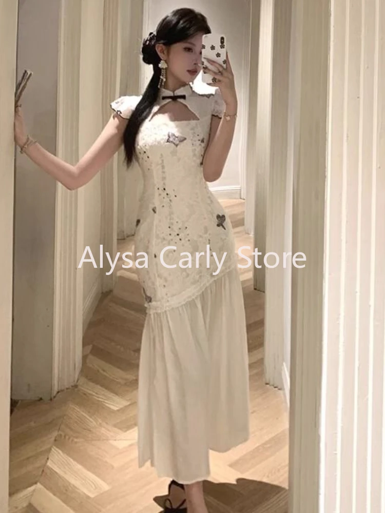 Elegante abito Vintage Cheongsam donna Bow Chic coreano aderente abiti lunghi femminile 2024 Summer Court Casual Evening Party Dress