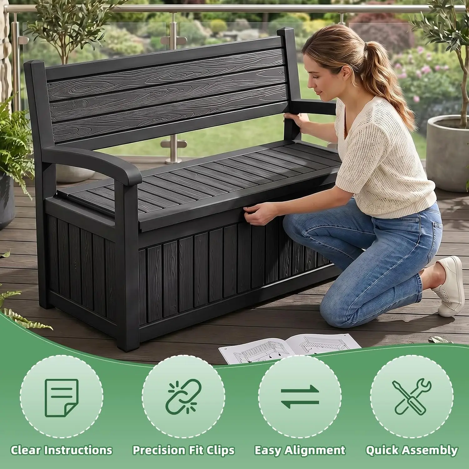 Large Outdoor Storage Bench Deck Box Waterproof Resin Lockable Furniture Container Outside Organizer For Porch Patio Pool Garden Cushion Tool Black view 4