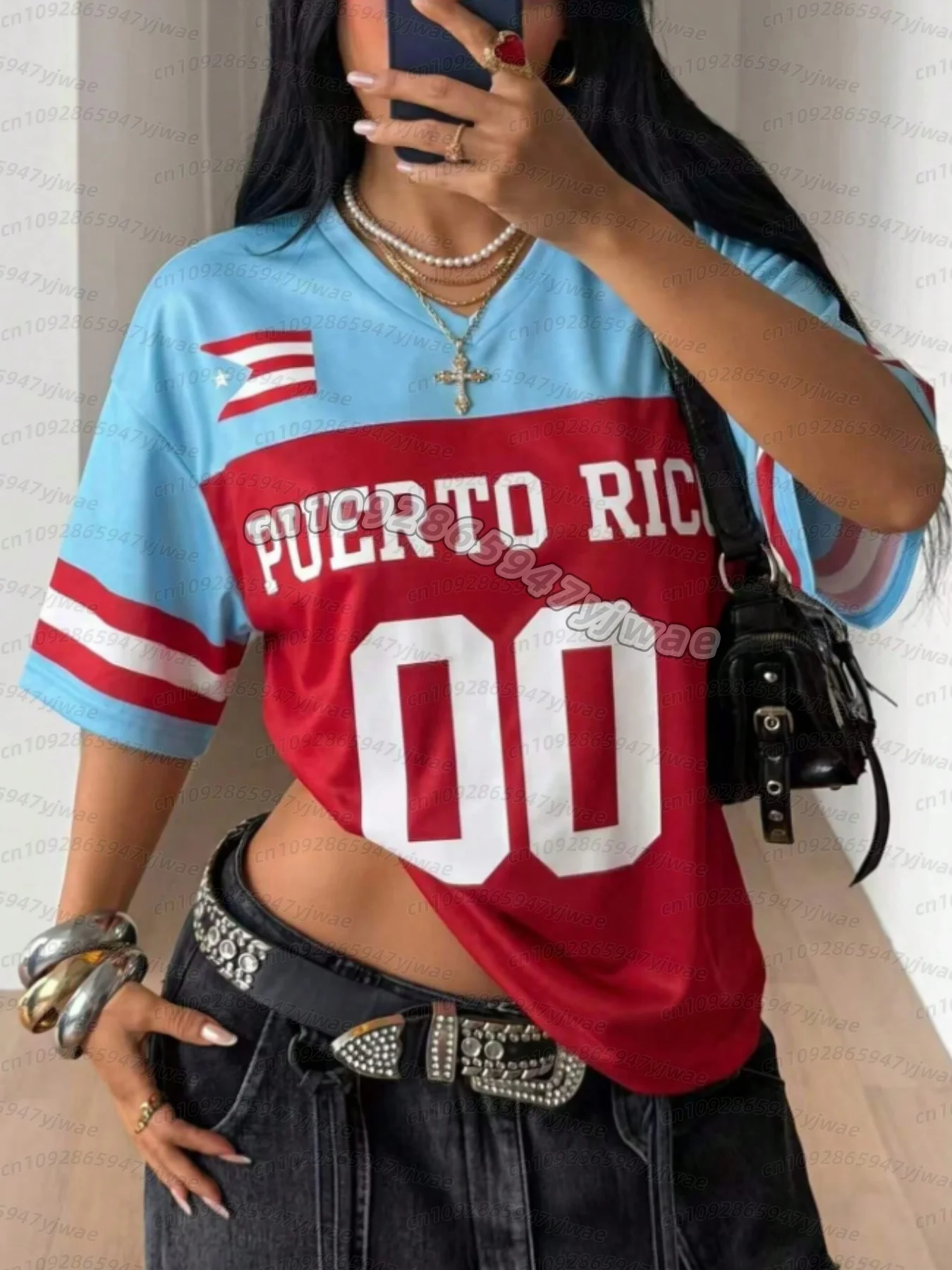 2026 Women Red and Blue Retro Puerto Rico 23 Sports Jersey T Shirt Summer Short Sleeve Loose Fit Sporty Stylish Y2K Men womenTee