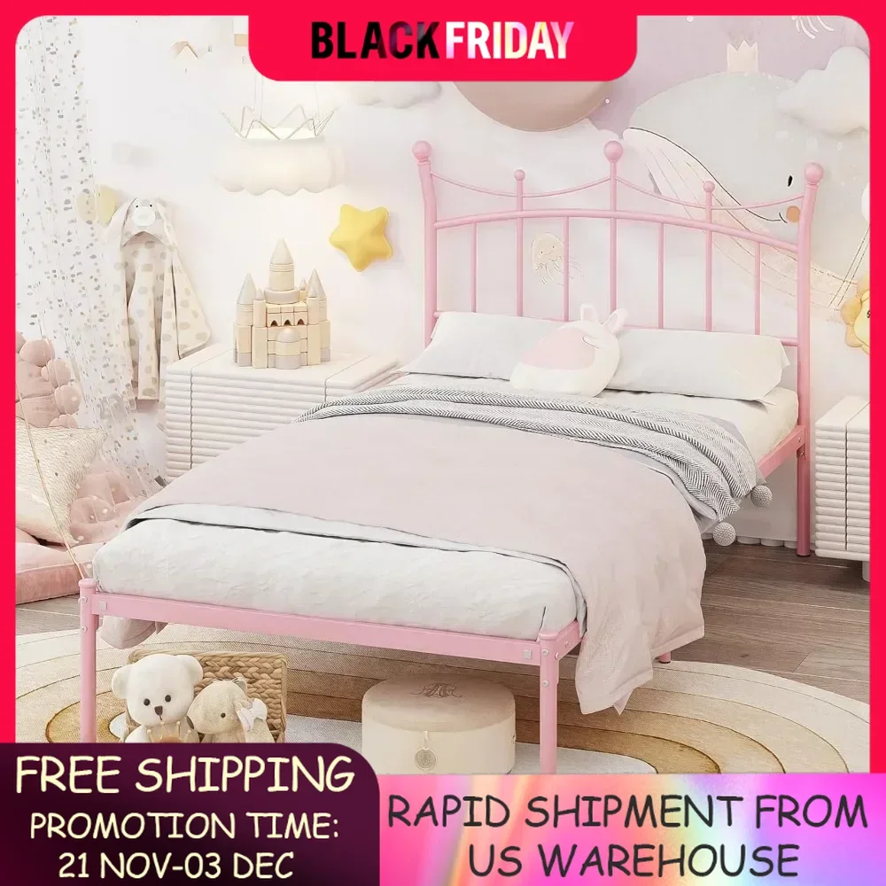 Children Beds, Elegant Princess Bed for Girls Heavy Duty Metal Platform Bed Easy Assembly Under Bed Storage