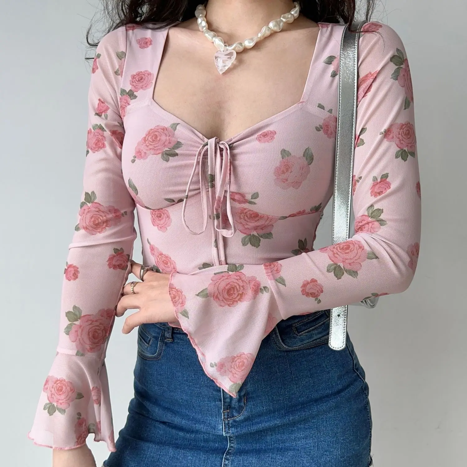 Sweet Net Yarn Patchwork Women Summer Flower Printing Pagoda Sleeve Square Neck Slim Long Sleeved Affordable All-match Tops