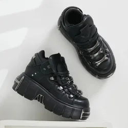 Punk Style Women Motorcycle Boots Woman Platform Leather Boots Men Gothic Ankle Rock Boots 2024 New Metal Decor Lace-up Shoes