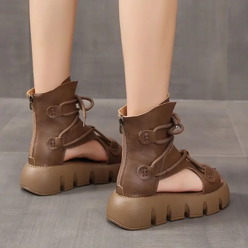 Thick-soled Sponge Cake Soft Leather Women Sandals Summer New Casual Fish Mouth Hole Shoes Comfortable Roman Women's Shoes