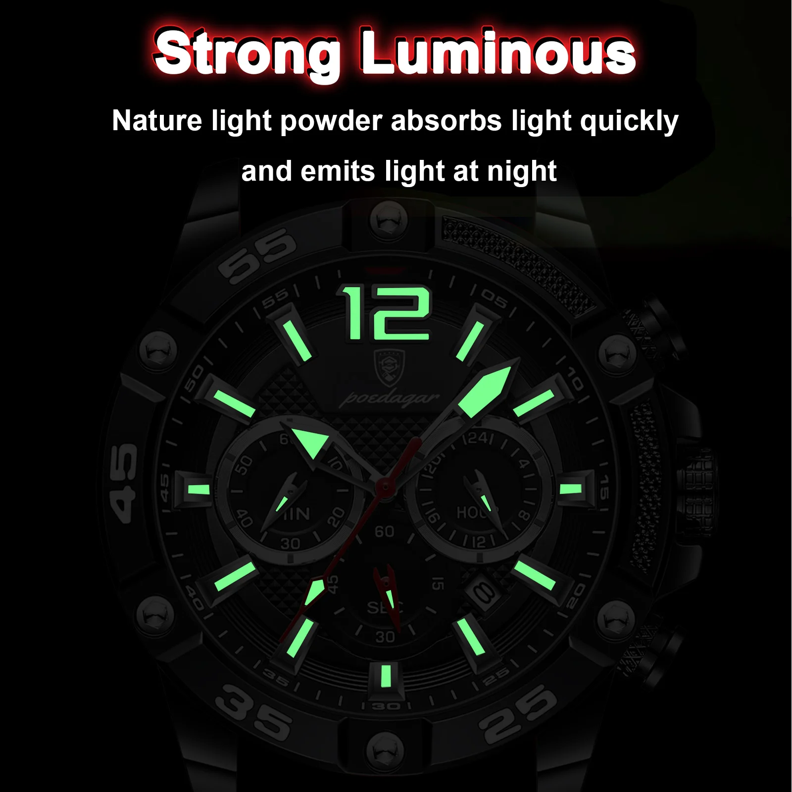 Poedagar-Relógio Quartzo Impermeável de Luxo Masculino, Cronógrafo Luminoso, Relógio de Pulso Data Man, Militar, Casual, Alta Qualidade