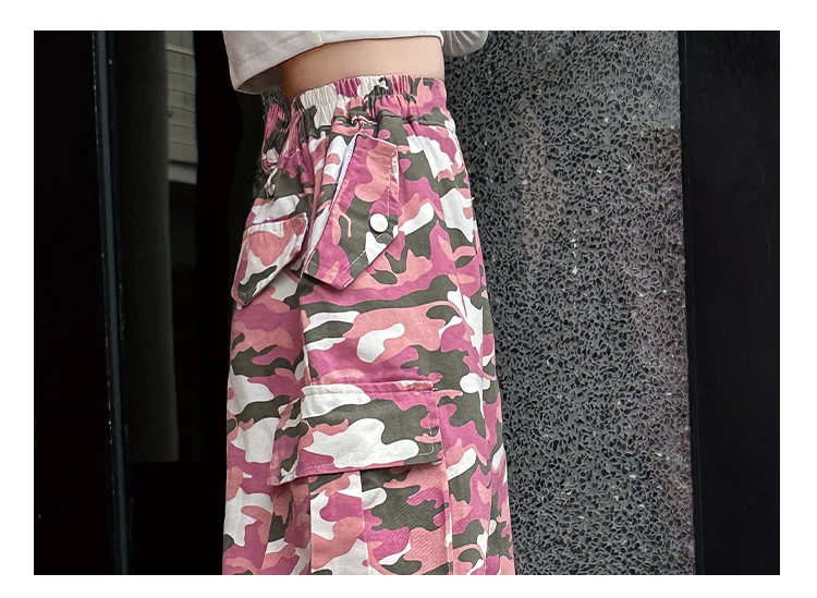 Koreanische Kinder-Cargo-Hose in Rosa Camouflage für Frühling und Herbst, lässige Hose mit elastischem Bund und Taschen für Teenager-Mädchen, Streetwear-Hose für Teenager. – Detail 7