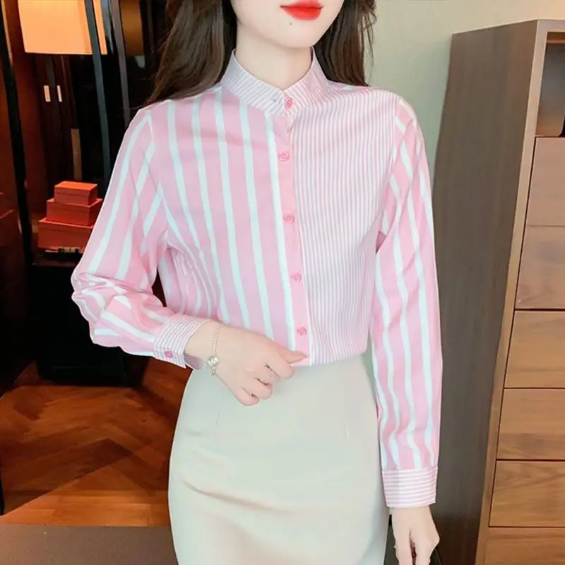 Women Korean Fashion Striped Print Button Up Shirt Elegant Sweet Stand Collar Blouse Casual Long Sleeve Tops 2024 Spring Blusas