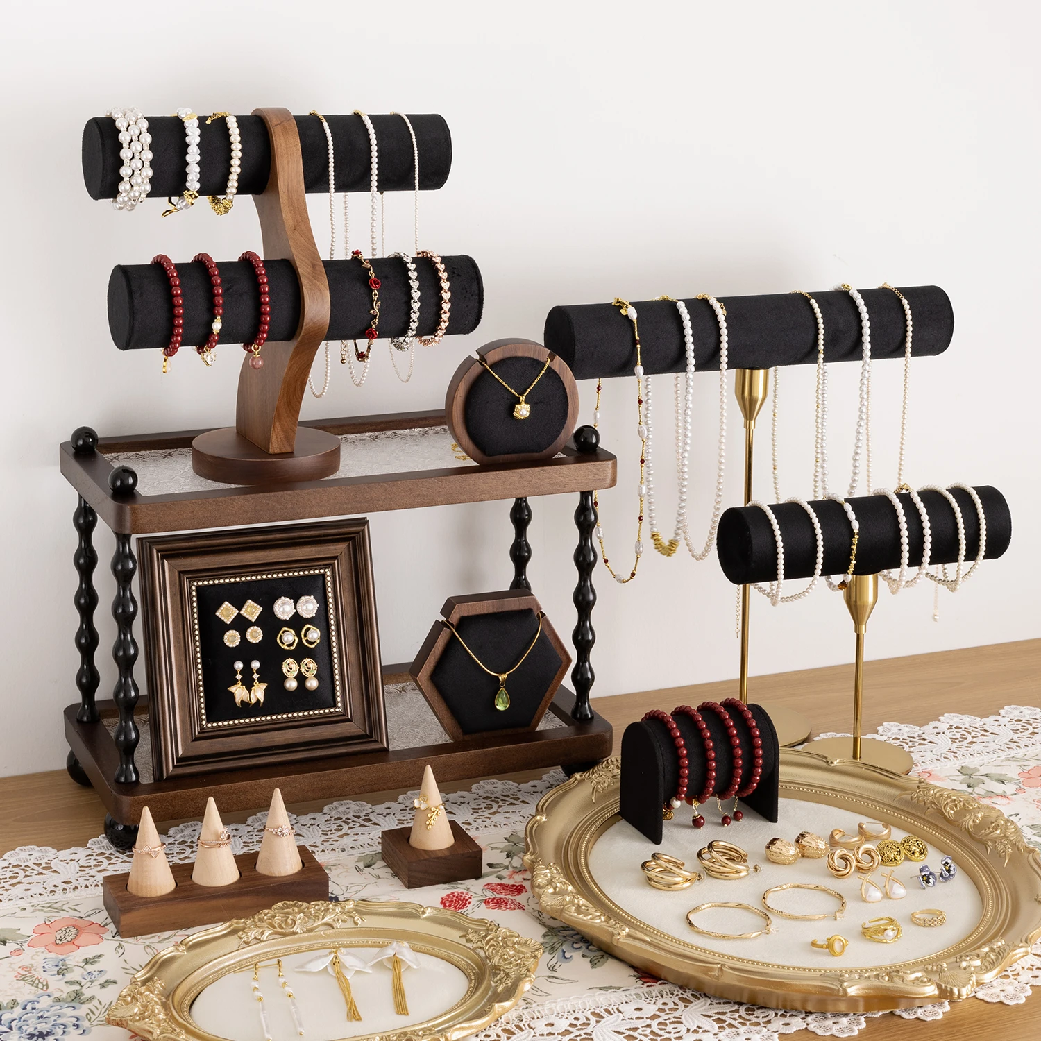 Vintage Black Walnut Wood Jewelry Display Stand Set Holder for Bracelet Earring Ring with Photo Frame Boutique Counter Decor