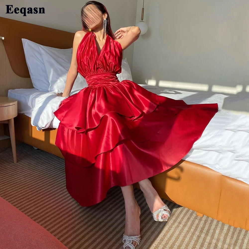 

Eeqasn A Line Satin Arabia Prom Dresses Long Pleats Evening Gowns Slit Front Feathers Formal Women Dress Evening Party Wear