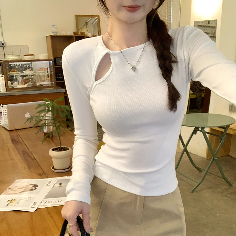 

2025 New Spring Summer Hollow Out White Women's T-shirt Long Sleeve O-neck Casual Korean Knitwear Bottom Shirts Tops Female
