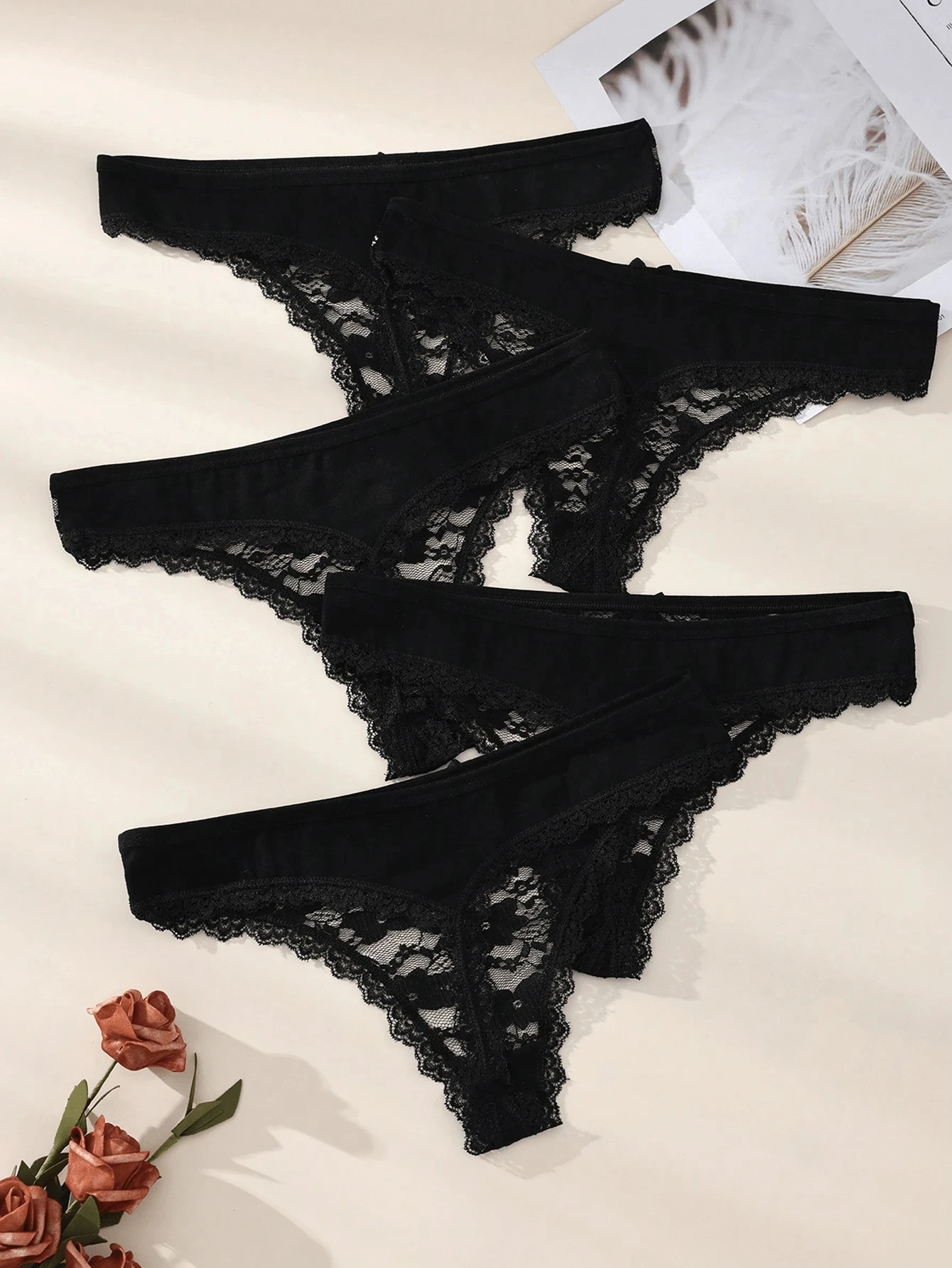 5Pcs Women Thongs Sexy Lace Panties Low Waist Underwear Girls Briefs G-String Breathable Ladies Panty Black Female Lingerie S-XL
