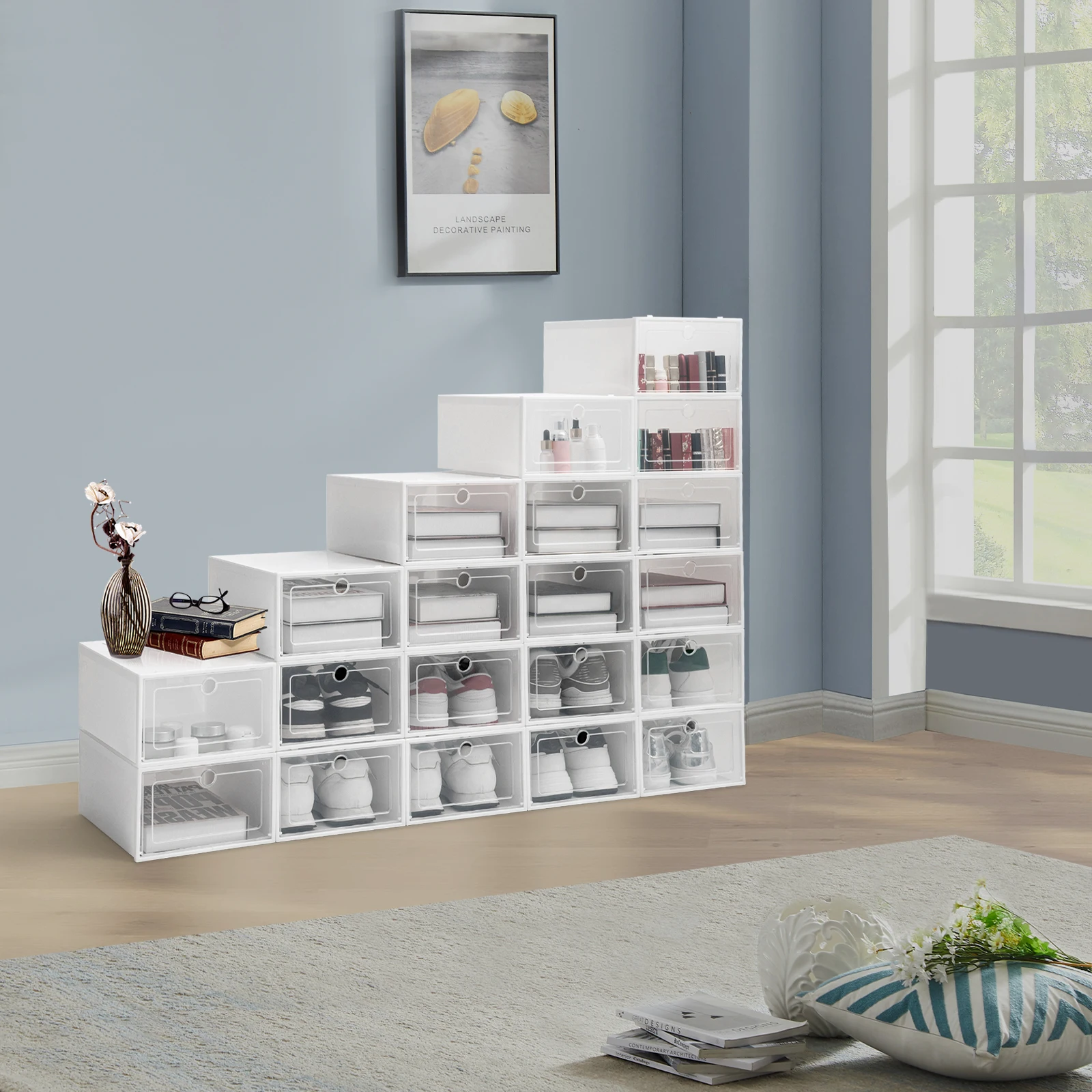 

Bymaocar 20pcs Large Thickened Plastic Shoe Box, Foldable & Stackable Storage Organizer 13*9.1*5.5inch,Famous Shoe Display Box