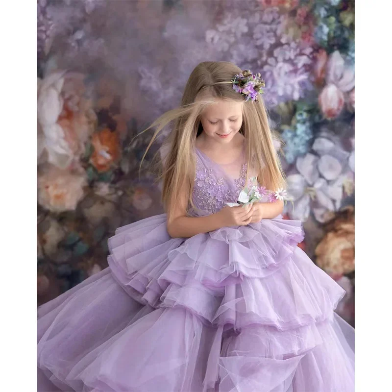Girls Ruffled Sleeve Embroidered Tulle Ball Gown Elegant Design For Formal Events Weddings Flower Girl Evening Birthday Piano Pe