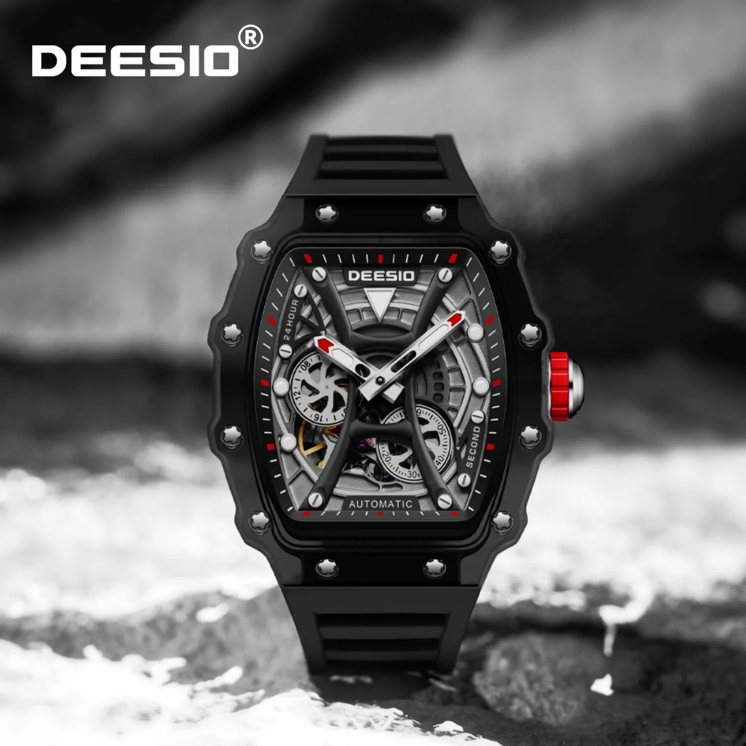 Deesio Wine Barrel Shaped Transparent Case, Fully Automatic Mechanical Watch Durable Watch Strap Fashion and Trendy Men's Watch