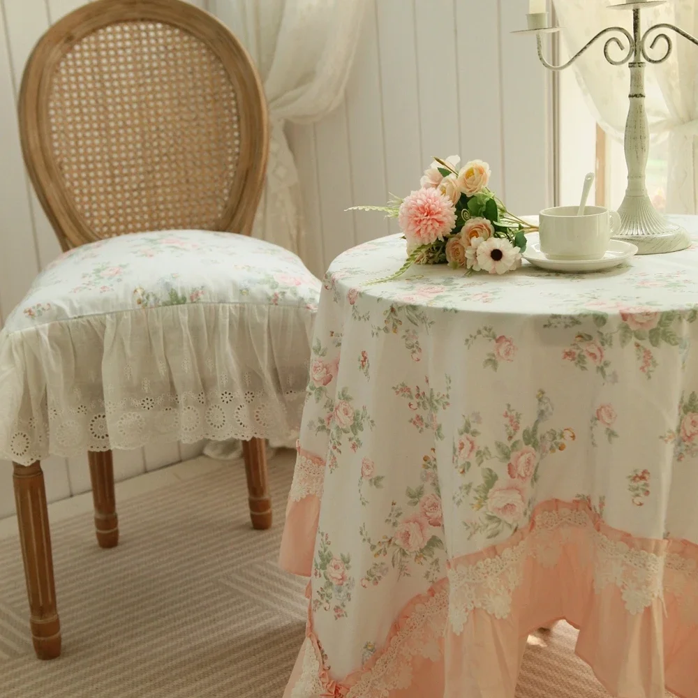 Vintage Princess Style Tablecloth Pink Rose Ruffled Pure Cotton Tablecloth Cover Cloth Coffee Table Cloth Sofa Cover Cloth