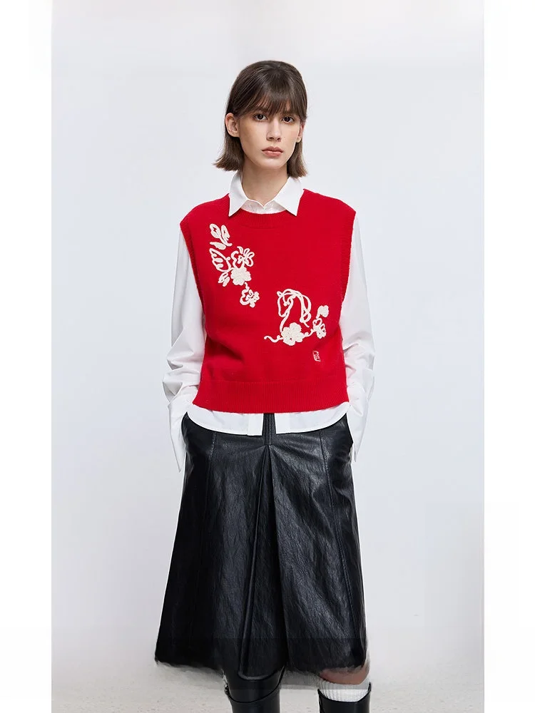 

LILY2025 Winter New Women's Wool Blend Embroidered Red round Ne Svel Knitted Sweater Vest Casual Sle Soft Fabric