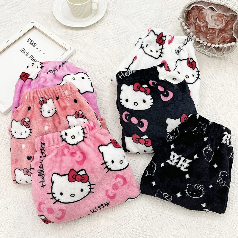 Sanrio Hello Kitty Fleece Coral Pajama shorts Soft shorts Women Casual Home shorts Kawaii Anime Cartoon Birthday Gift