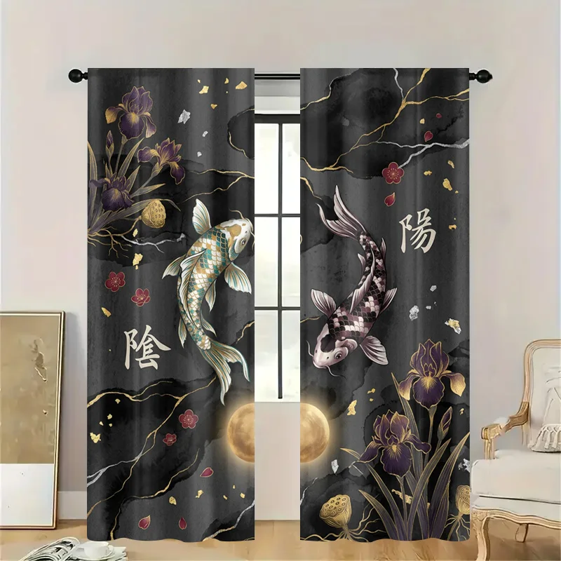 Elegant Decorative Semi-Sheer Curtains Asian Style Chinese Koi Fish Art Window Curtains Yin Yang Feng Shui Kitchen Bathroom Priv