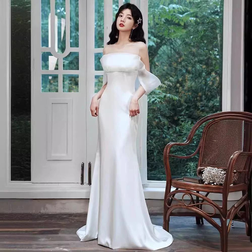 

Elegant White Fish Tail Wedding Dress Women's Luxury See-through Single Breasted Back Off Shoulder Evening Gown Bridal Dresses