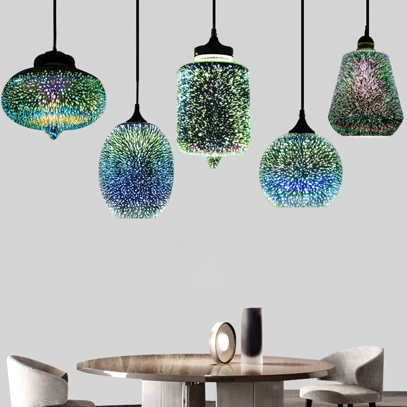 Fireworks Pendant Lights 3D Colorful Starry Sky Glass Shade Chandelier for Kitchen Restaurant Living Room E27 LED Hanging Lamp