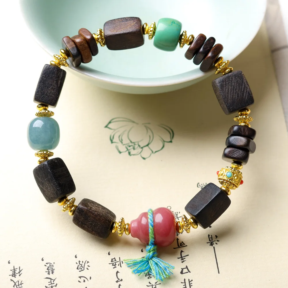 

Dalakan Agarwood Square Bead Bracelet with Bodhi Root Gourd and Yellow Turquoise Style Beads for Women Gifts