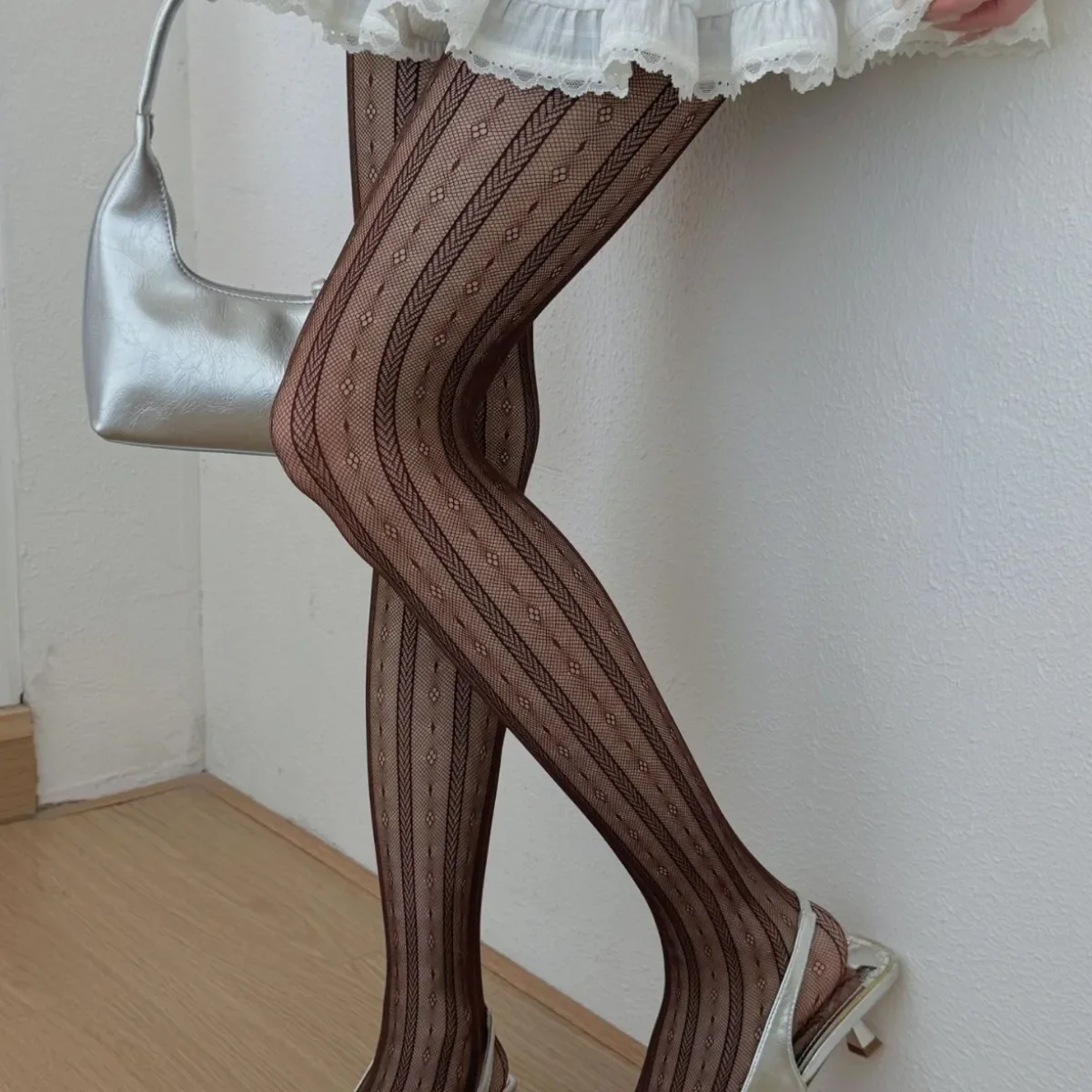 

Summer Flower Vertical Bar Thin Pantyhose for Women Black Mesh Hollow Out Sexy Tights Fashion Breathable Lolita Stocking