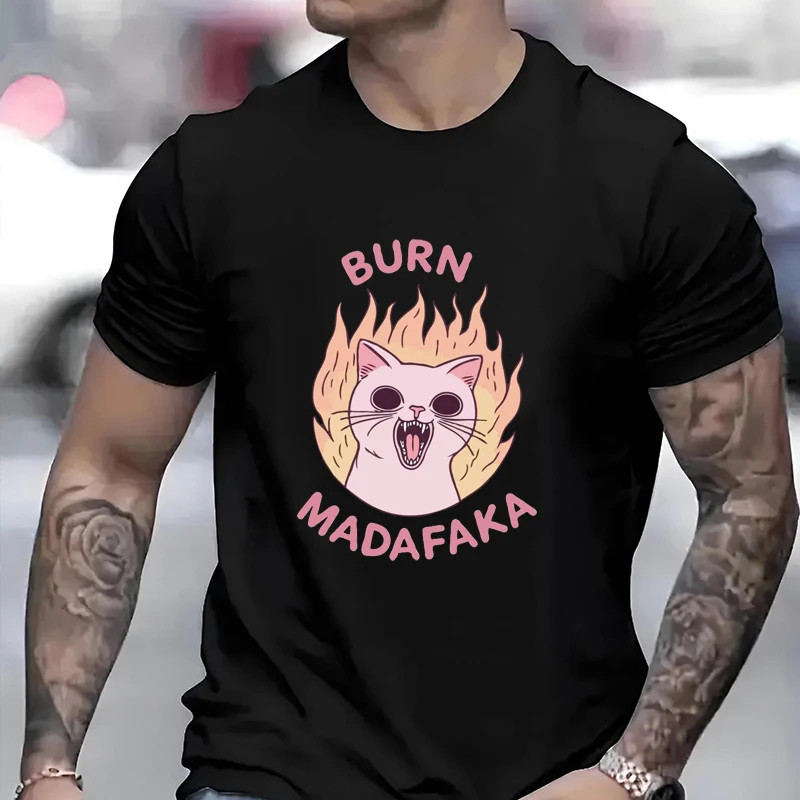 

Angry Cat Pattern Men Women T-shirt Burn Madafaka Letter Printed Unisex Tee Classic Harajuku Couple Clothing Casual Oversize Top